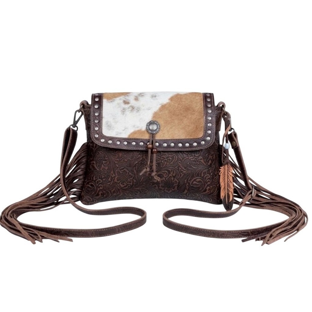 Myra Bag Western Cowhide Leather Fringe Crossbody Bag Floral Embossed Brown